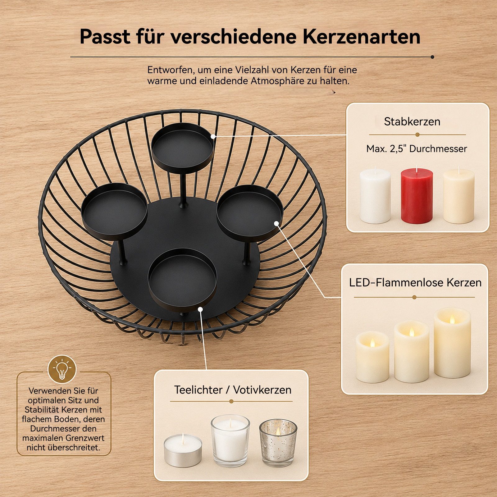 LEMLIT Kerzenhalter Adventskranz aus Metall mit 4 Kerzenhaltern (1er Set, 1 St., Moderner runder Adventskerzenhalter, 28 × 28 × 9,2 cm), Teelichthalter Weihnach – Bild 3 von 5