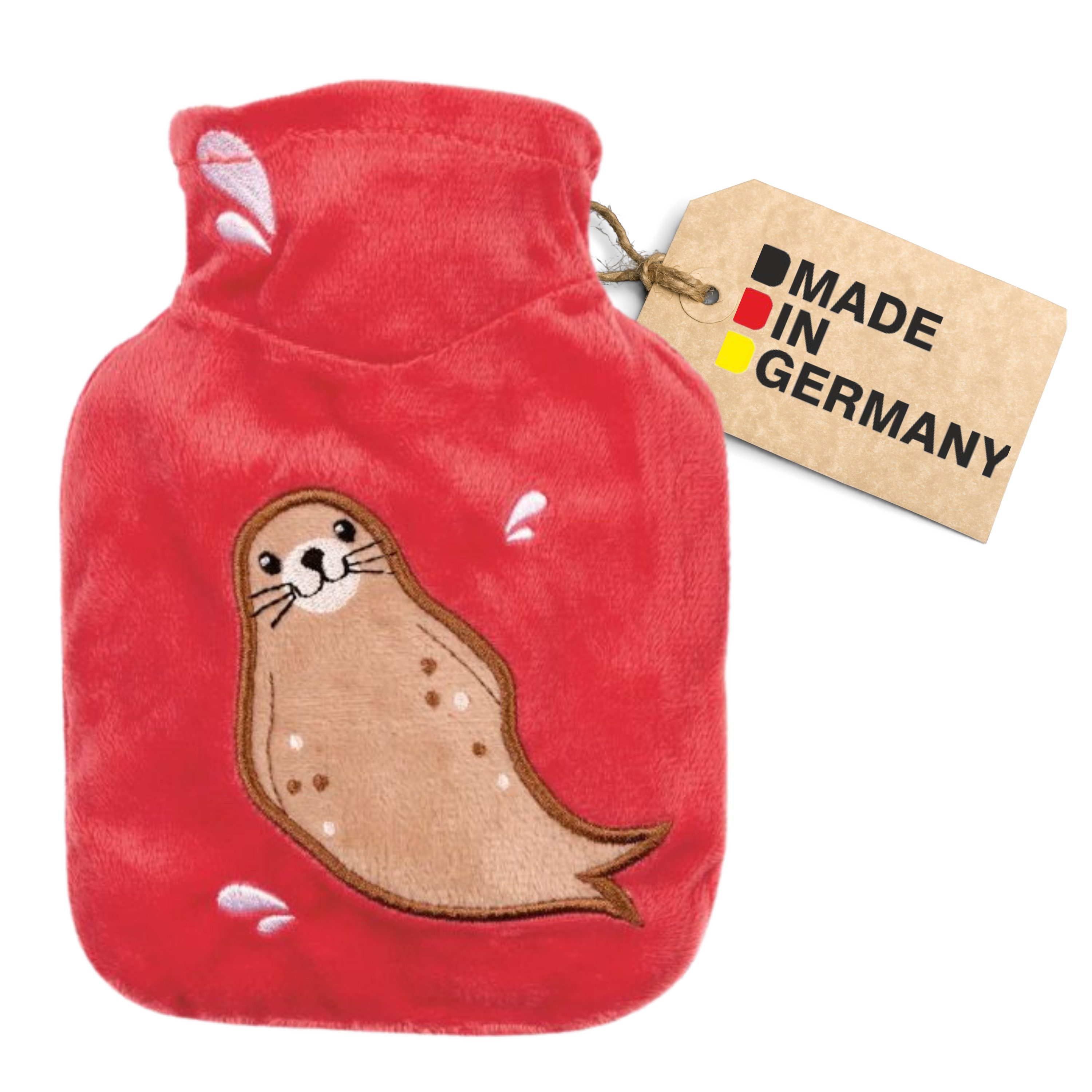 Hugo Frosch Wärmflasche Mini 0,2l Veloursbezug koralle Robbe, Made in Germany