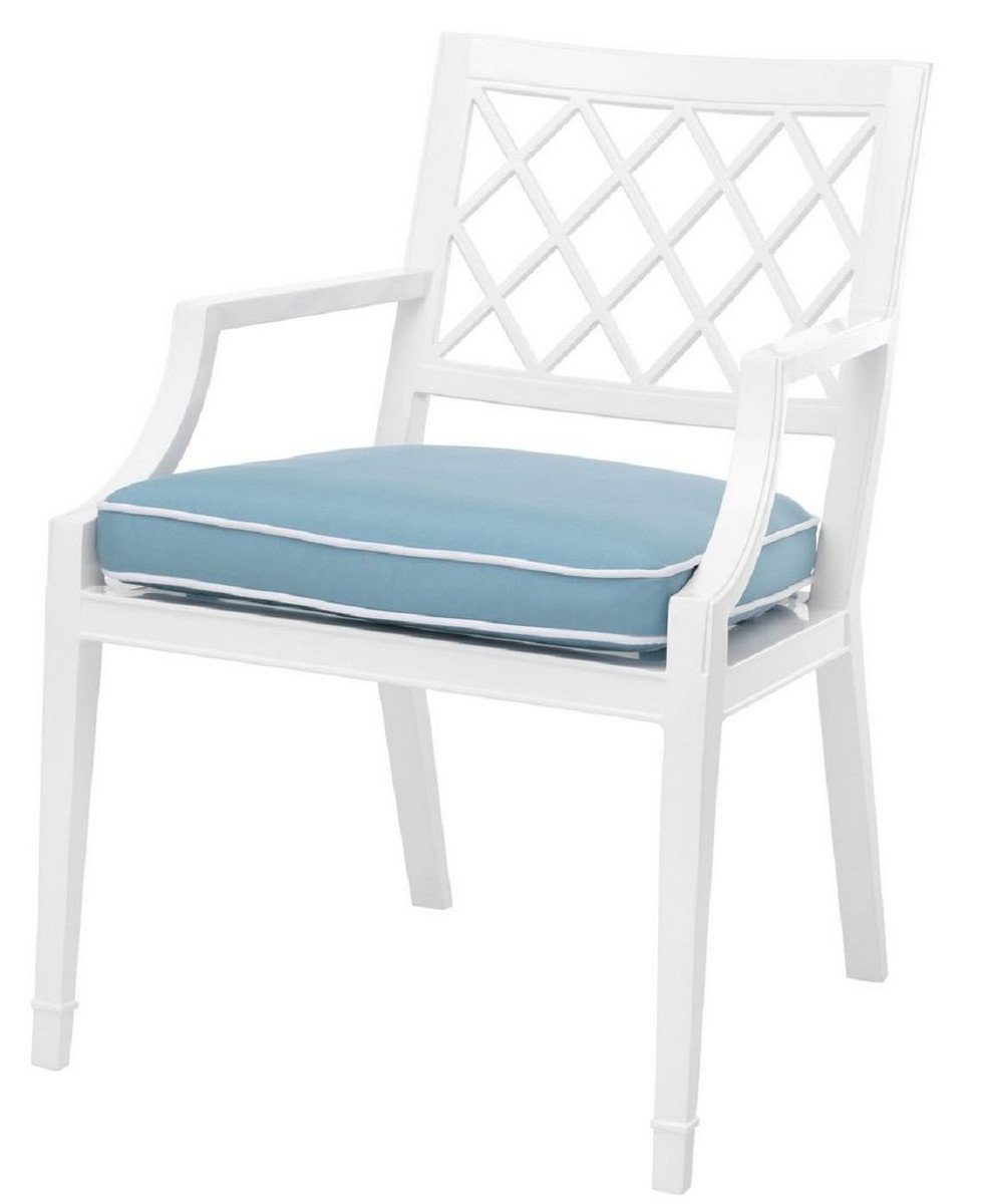 H. 60 / x Luxus Padrino Esszimmerstuhl mit Esszimmermöbel 87 Kissen - cm Casa - Armlehnen Weiß x Hellblau Aluminium und 66 Esszimmerstuhl Küchenstuhl