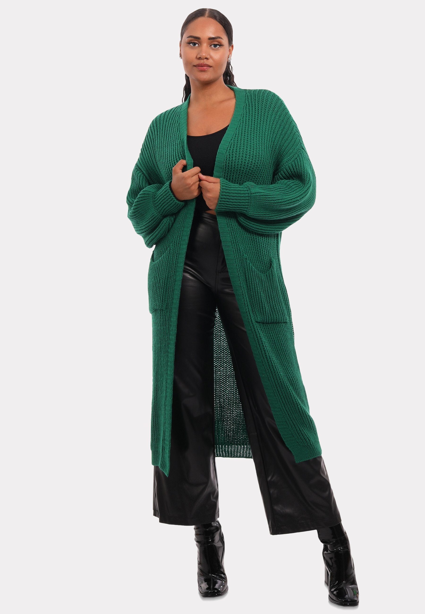 YC Fashion Taschen Strickjacke Cardigan mit aufgesetzten Unifarbe, in Verschlusslos Basic grün Style & Cardigan