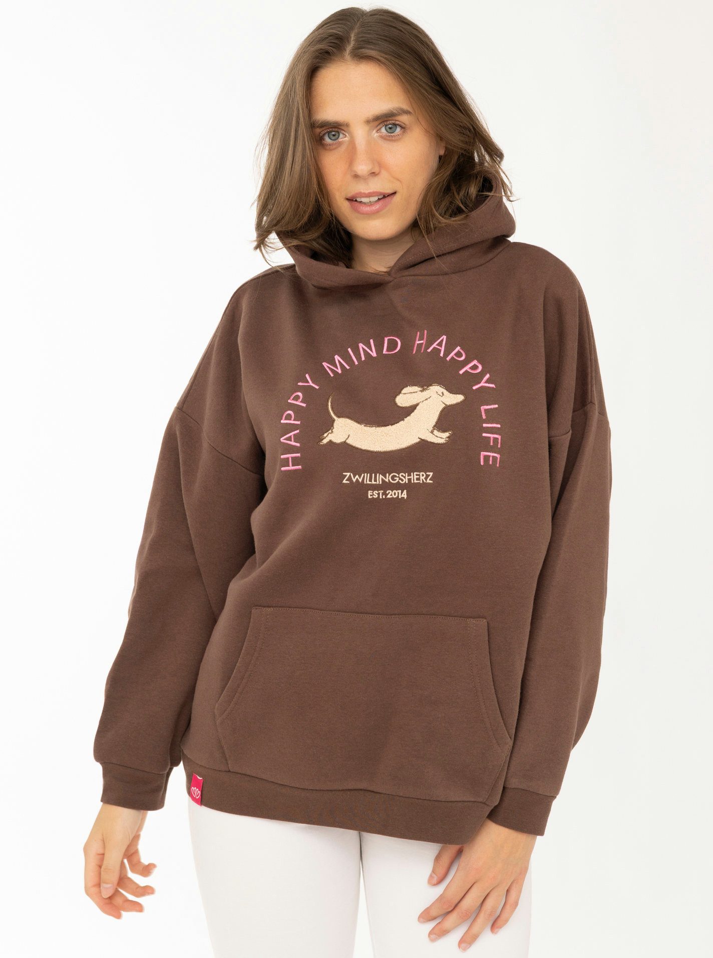 Zwillingsherz Hoodie "DOG LOVE" Dackelmotiv, Oversized Fit, Kängurutasche, Kapuze