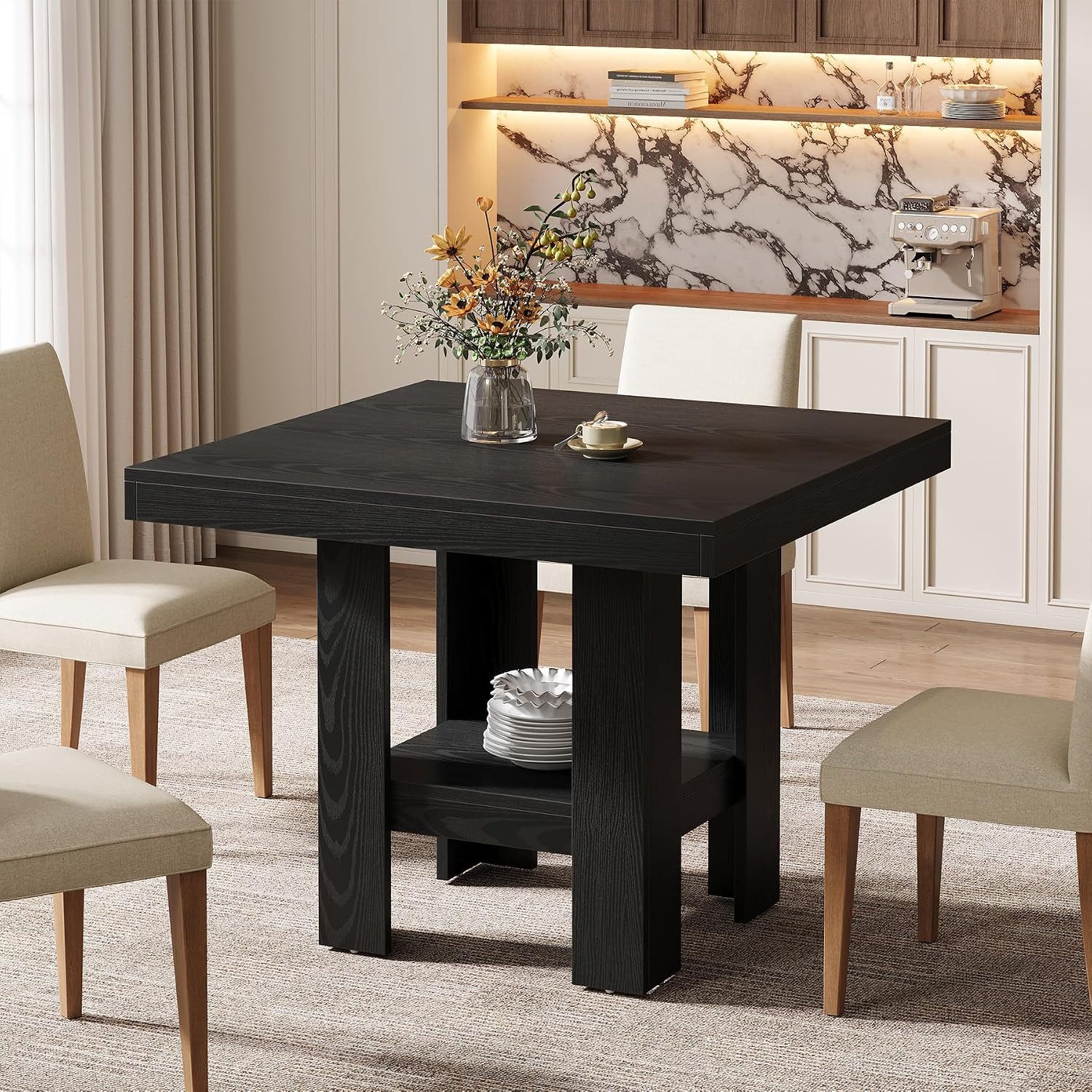 Tribesigns Esstisch Quadratischer Esstisch 80 cm Holz mit Ablage Schwarz für 4 Personen