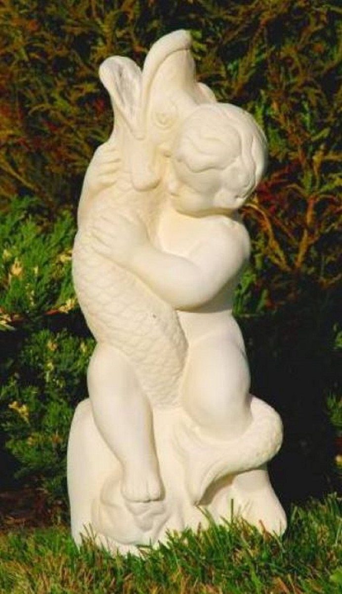 Casa Padrino Skulptur Jugendstil Wasserspeier Skulptur Junge mit Fisch Sandfarben H. 48 cm - Wasserspeier Stein Figur - Barock & Jugendstil Garten Deko Accessoires