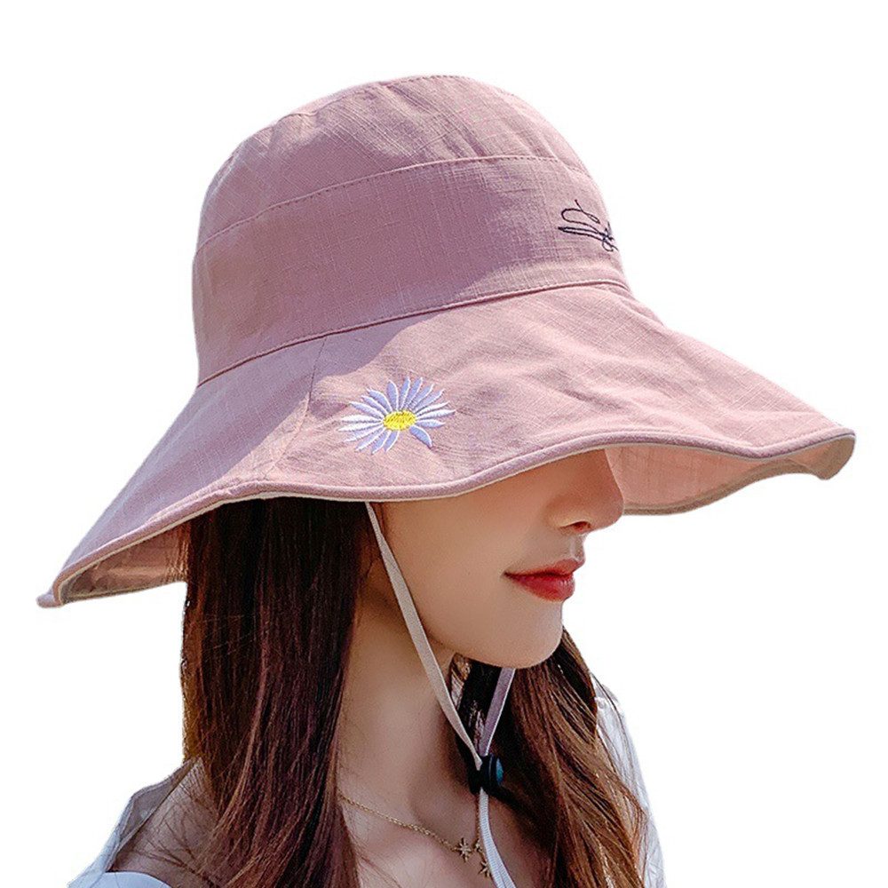 Zaewry Sonnenhut Damen Sommerhut Sonnenhut mit beidseitigem UV-Schutz Fischerhut mit gestickten Gänseblümchenmotiven