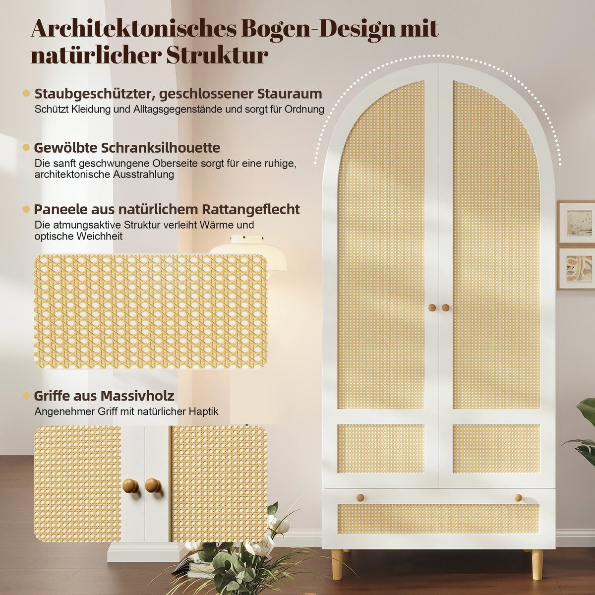 Odikalo Kleiderschrank EckKleiderschrank Drehtürenschrank mit Kleiderstange und Schublade (80x50x180 cm aus Holz in Rattan-Optik, Schrank in Weiß mit Bogen-Desi – Bild 4 von 5