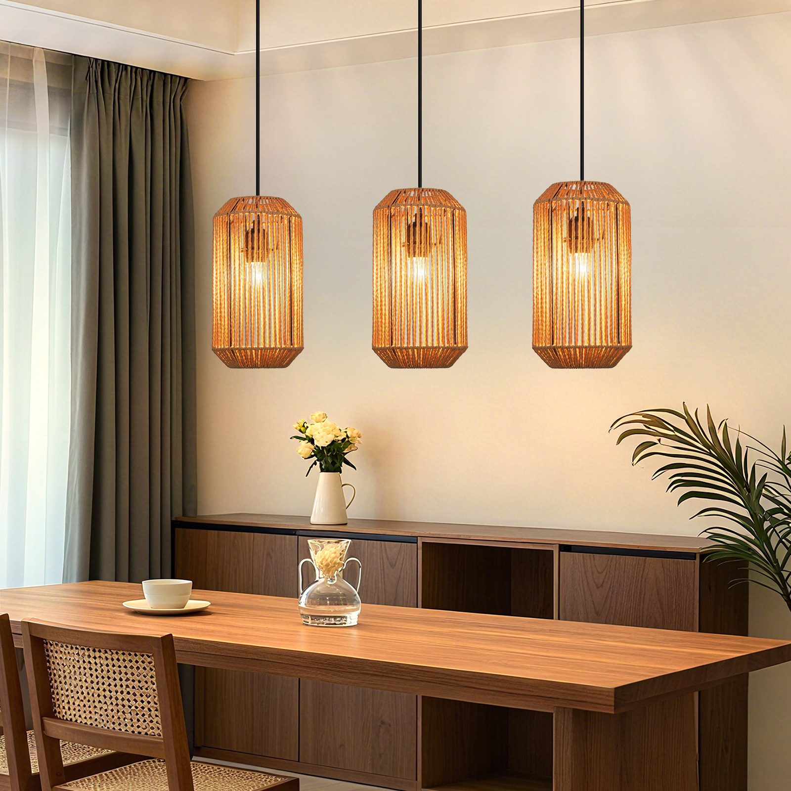 Nettlife Pendelleuchte Rattan Hängeleuchte 3 flammig Boho E27 für Esszimmer Wohnzimmer, Ohne Leuchtmittel, für Esstisch Esszimmer Schlafzimmer Wohnzimmer