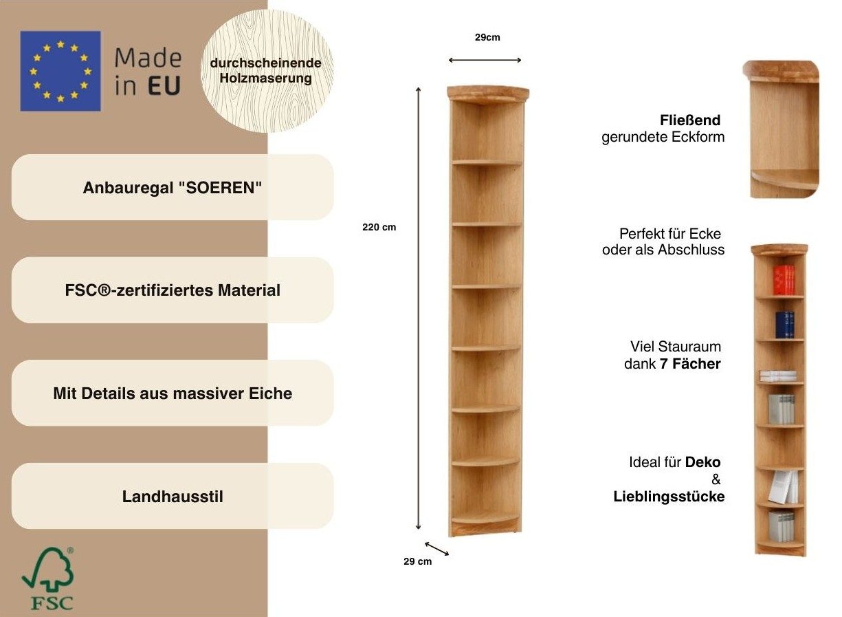 OTTO home Anbauregal Soeren Abschlussregal mit Eiche-Elementen Höhe 220 cm, Regal Höhe 220 cm, passend für Tiefe 29 cm, FSC®-zertifiziert