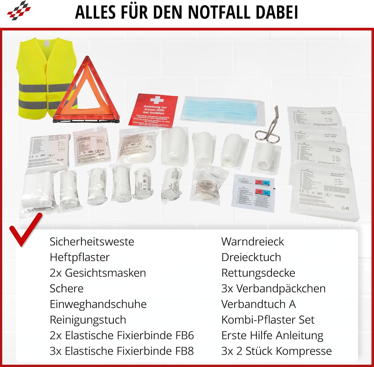 WALSER Erste-Hilfe-Set Auto Erste Hilfe Set mit Pannendreieck & Warnweste KFZ Verbandstasche