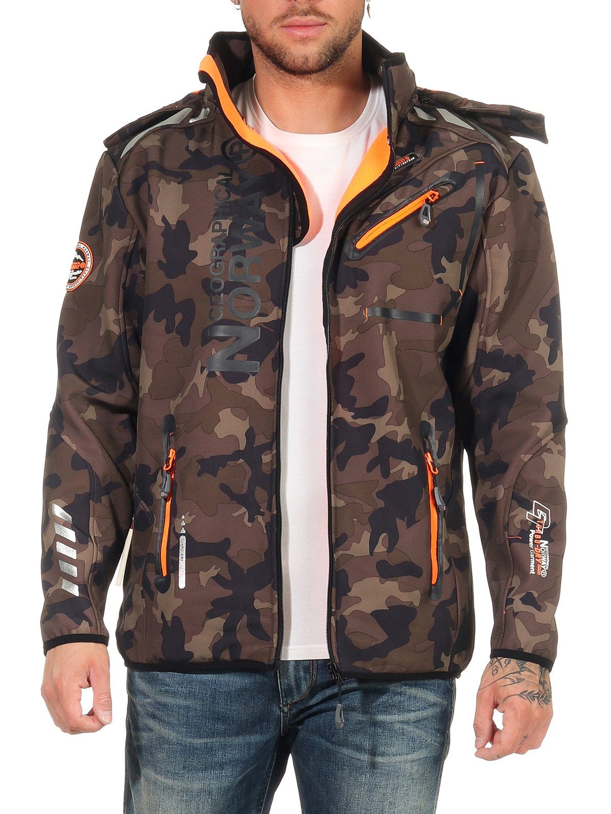 Herren Softshelljacke Sport leyoley abnehmbarer Windbreaker, Übergangsjacke, / Jacke Geographical G-River Norway Geographical - Kapuze, Norway Softshelljacke Khaki Orange Camo by mit Wander