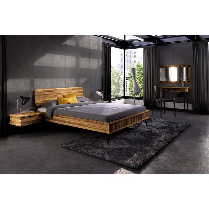 Natur24 Einzelbett Bett Tula 1 aus Wildeiche massiv 120x200 cm mit Holzkopfteil und Metallbeinen