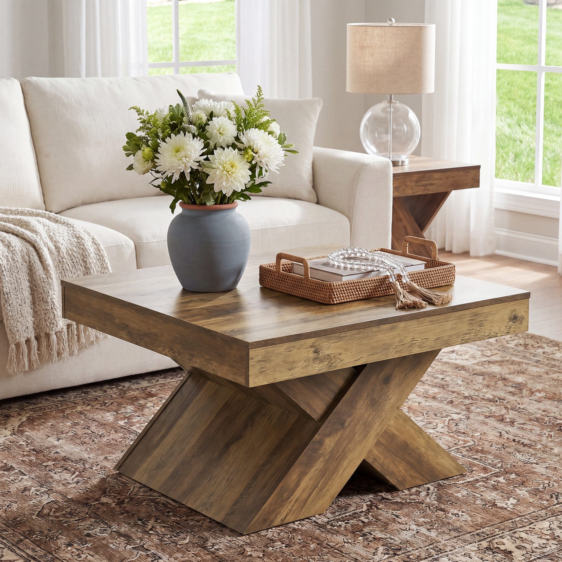 Tribesigns Couchtisch 80 cm Wohnzimmertisch aus Holz mit X-Gestell, rustikaler Beistelltisch