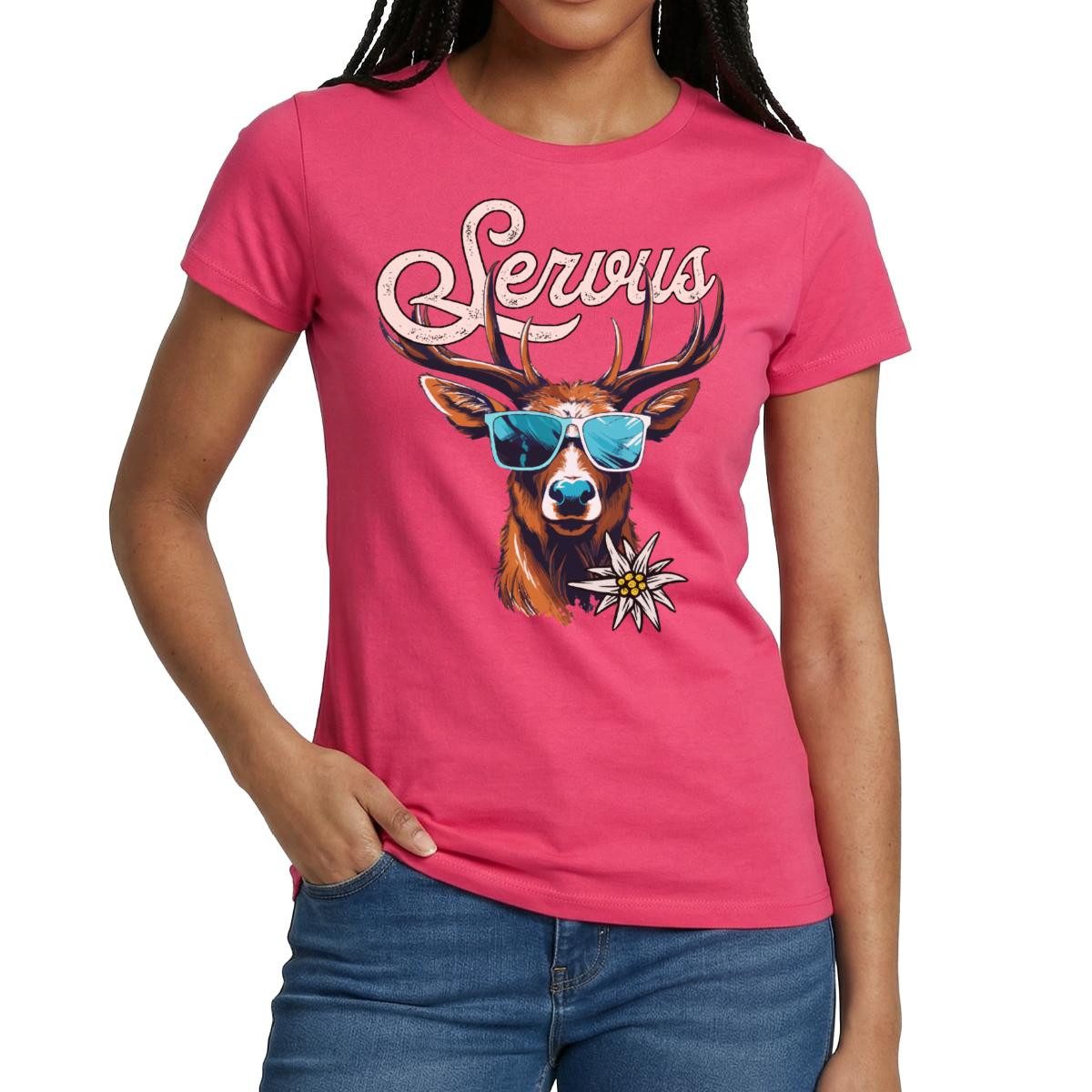 Spreadshirt T-Shirt Servus Hirsch Mit Sonnenbrille Oktoberfest Frauen T-Shirt (1-tlg) Slim Fit, fällt klein aus