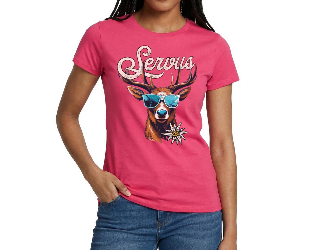 Spreadshirt T-Shirt Servus Hirsch Mit Sonnenbrille Oktoberfest Frauen T-Shirt (1-tlg) Slim Fit, fällt klein aus