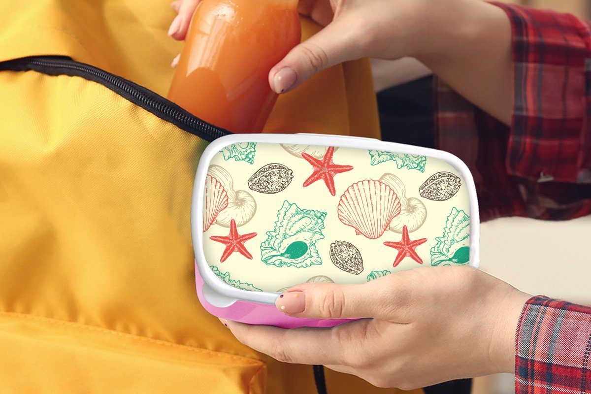 Strand Muscheln Lunchbox MuchoWow Muster, - Kunststoff, - - Kinder, Erwachsene, für Seestern Vintage - Mädchen, (2-tlg), Brotbox rosa Snackbox, Brotdose Kunststoff