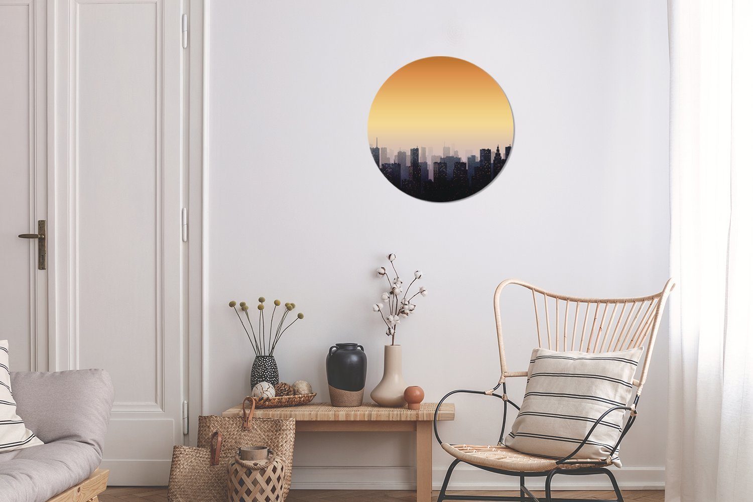 Wohnzimmer Tapetenkreis Sonnenuntergang einer Dämmerung Tapetenaufkleber, St), MuchoWow Wandsticker für Illustration Kinderzimmer, Stadt Eine (1 bei Rund, der