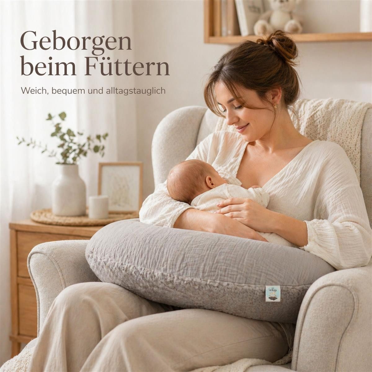 SEI Design Stillkissen XXL 190x35 cm Musselin EPS Mikroperlen Seitenschläferkissen GOTS Taupe, Schwangerschaftskissen mit Bezug, Schwangerschaftskissen mit Bezug, Musselin Baumwolle