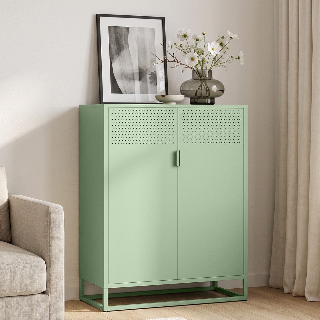 skølm Kommode Izar aus Metall (Mintgrün), Highboard mit Doppeltür & höhenverstellbare Einlegeböden