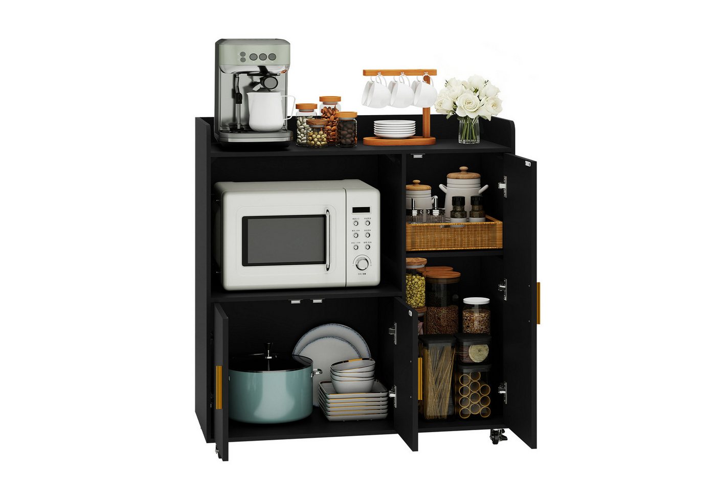 Puluomis Küchenwagen Servierwagen Buffet mit Mikrowellenablage, Rollen mit Bremsen 90x40x97, Küchentrolley Küchekommode Küchenschrank Sideboard