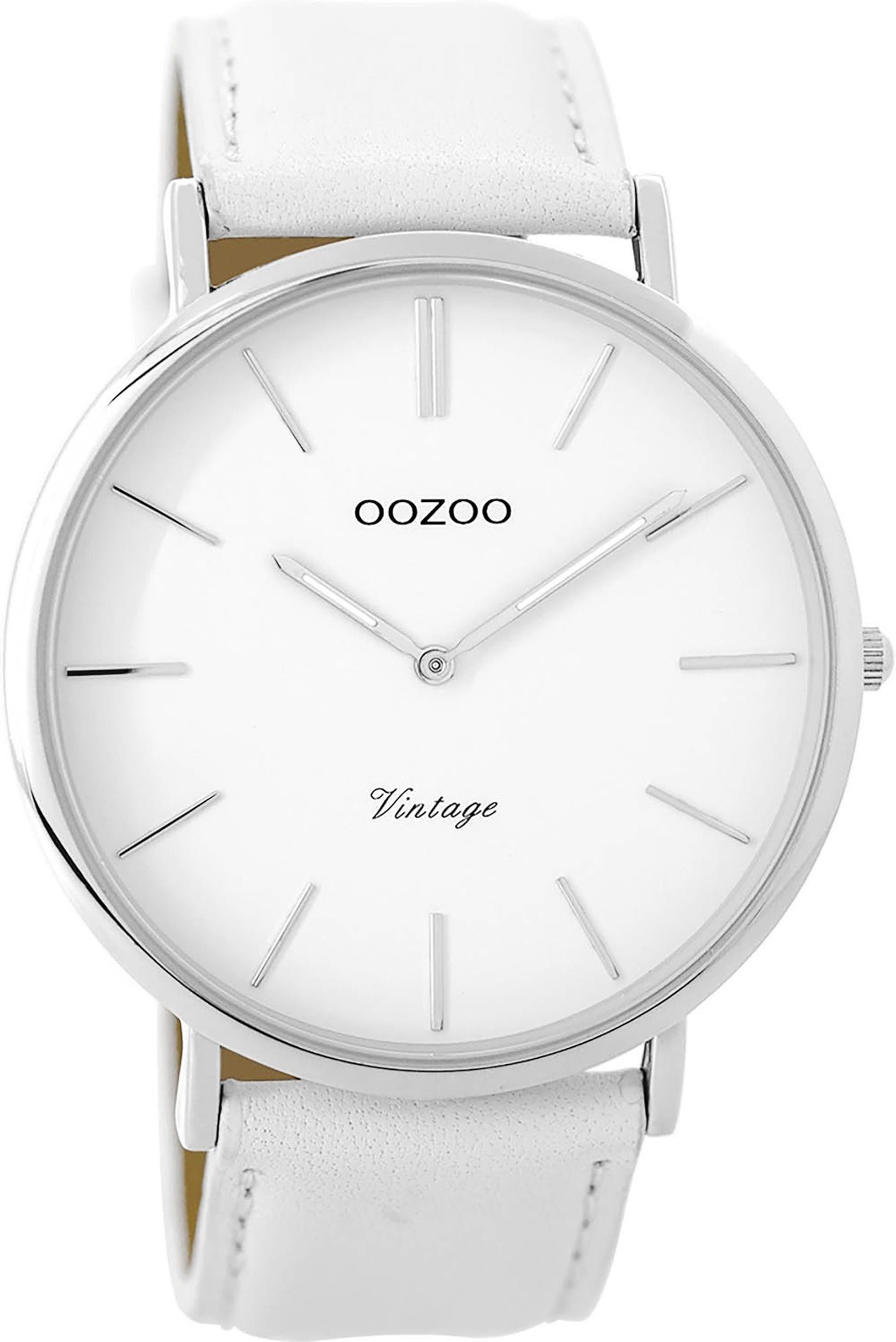 OOZOO Quarzuhr Oozoo Damen Armbanduhr weiß Analog, (Analoguhr), Damenuhr rund, groß (ca. 45mm), Lederarmband weiß, Fashion