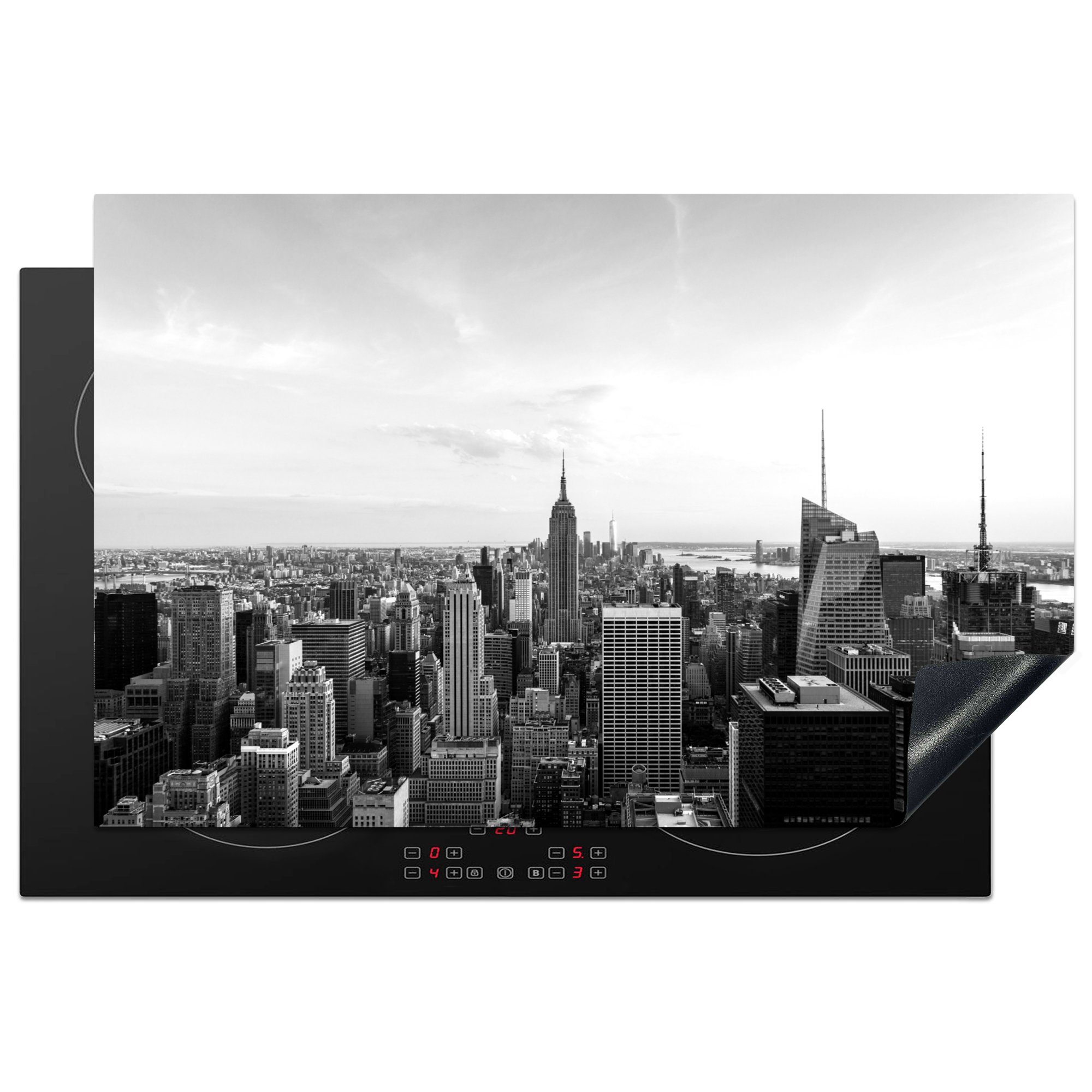 MuchoWow Herdblende-/Abdeckplatte New Yorker Skyline während eines Sonnenuntergangs - schwarz-weiß, Vinyl, (1 tlg), 81x52 cm, Induktionskochfeld Schutz für die küche, Ceranfeldabdeckung