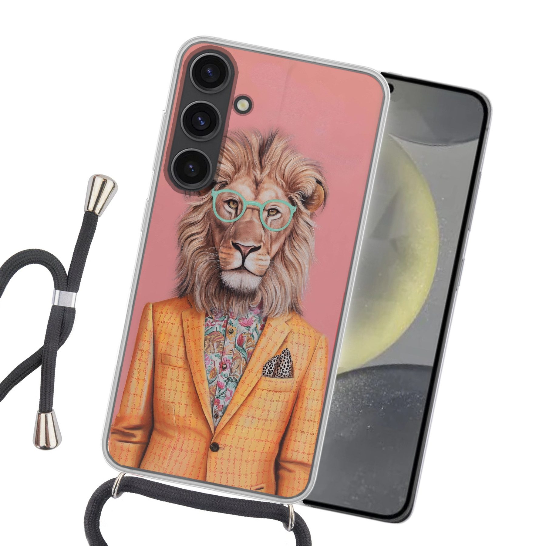 MuchoWow Handyhülle für Samsung Galaxy S24 Plus Löwe - Anzug - Kariert - Brille, Tragbare Handyhüllen mit Kette zum umhängen, Handykette Handyband