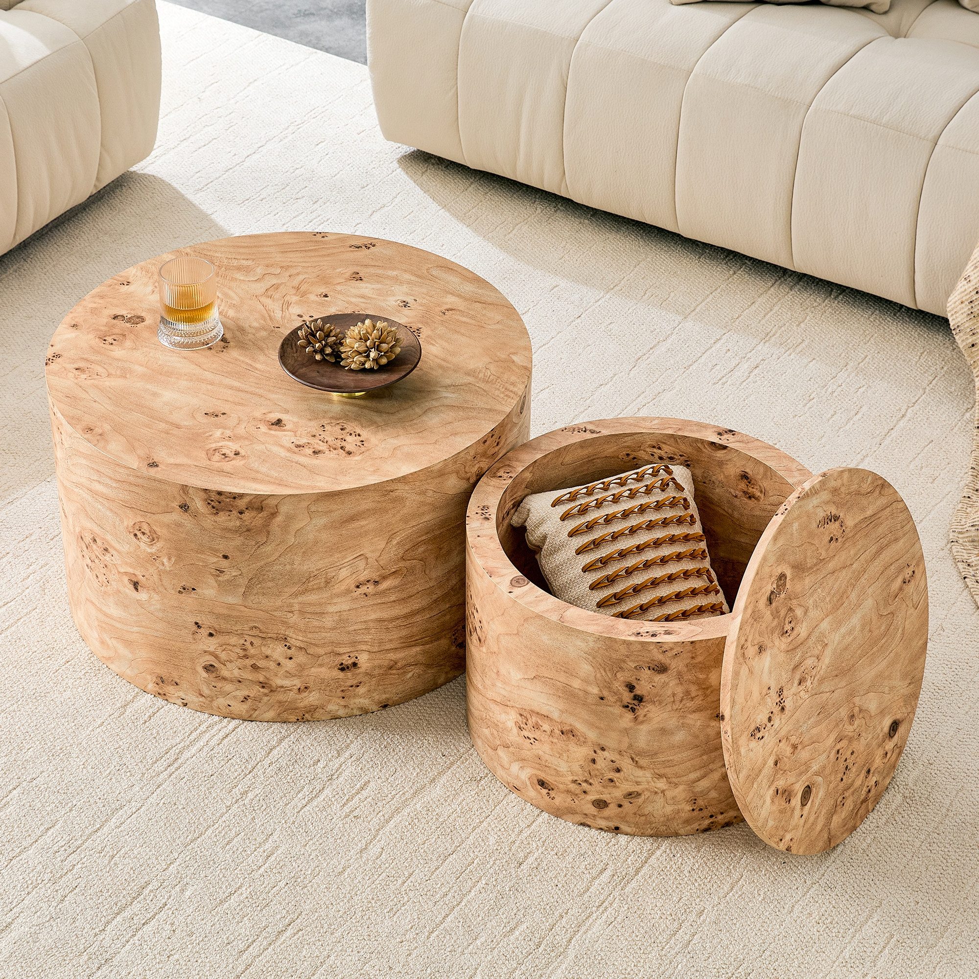 JUFU Couchtisch Beistelltisch Set rund MDF 2er Set Stauraum (2-St)