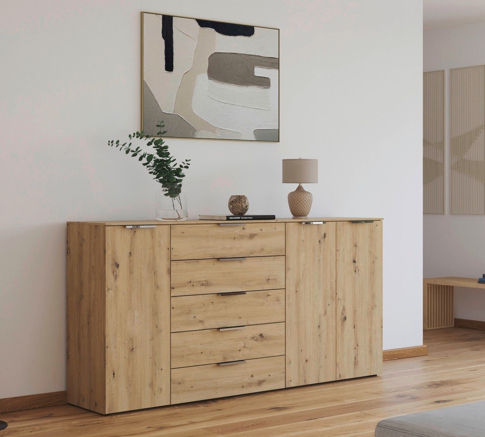 rauch Schubkastenkommode Kommode Türkommode Sideboard Kombikommode FLIPP (Breite 200 cm mit 4 Einlegeböden), 3-türig mit 5 Schubladen und Soft-Close-Funktion