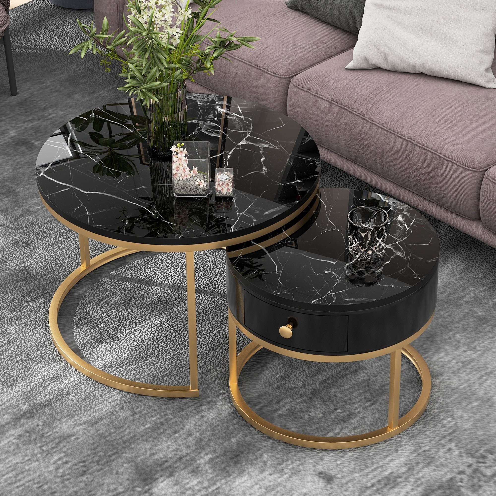 Merax Couchtisch Satztisch rund Beistelltisch mit Schublade (2-St), hochglanz Marmoroptik aus Holz mit goldenen Metallbeine Schwarz | Schwarz