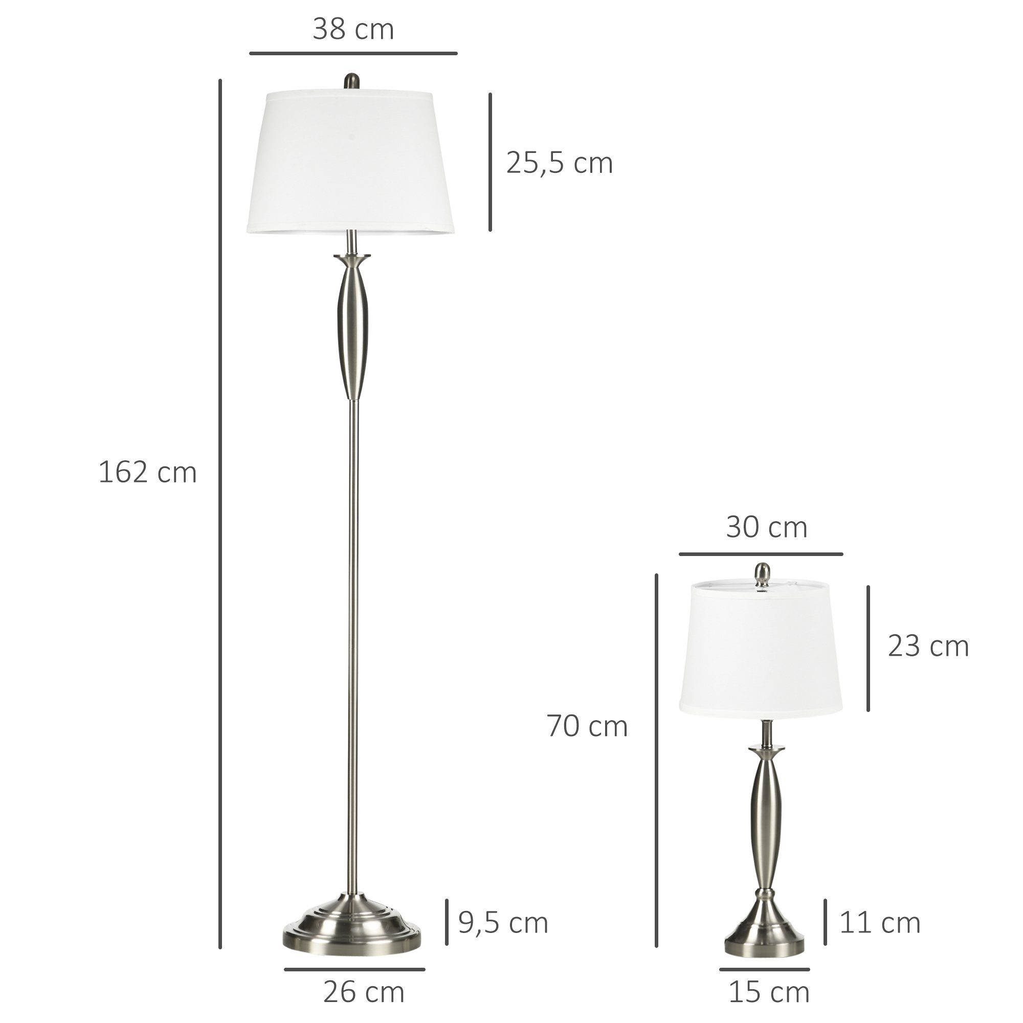 HOMCOM Stehlampe 3-teiliges inkl. 1 Stehleuchte, 2 Tischleuchten, E27 Fassung, für Wohnzimmer, Schlafzimmer, Silber+Weiß – Bild 3 von 5
