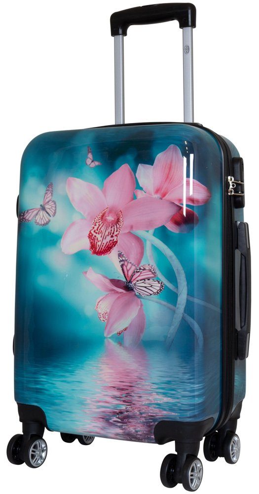 Trendyshop365 Hartschalen-Trolley Orchidee, bunter Koffer mit Blumen-Motiv, 3 Größen, 4 Rollen, Zahlenschloss, Polycarbonat, Dehnfalte