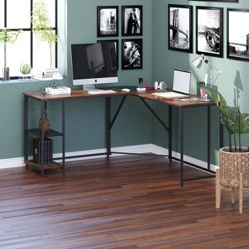 OKWISH Schreibtisch Schreibtisch Computertisch, L-Schreibtisch mit Ablage (Homeoffice (Schwarz+Rustikbraun)