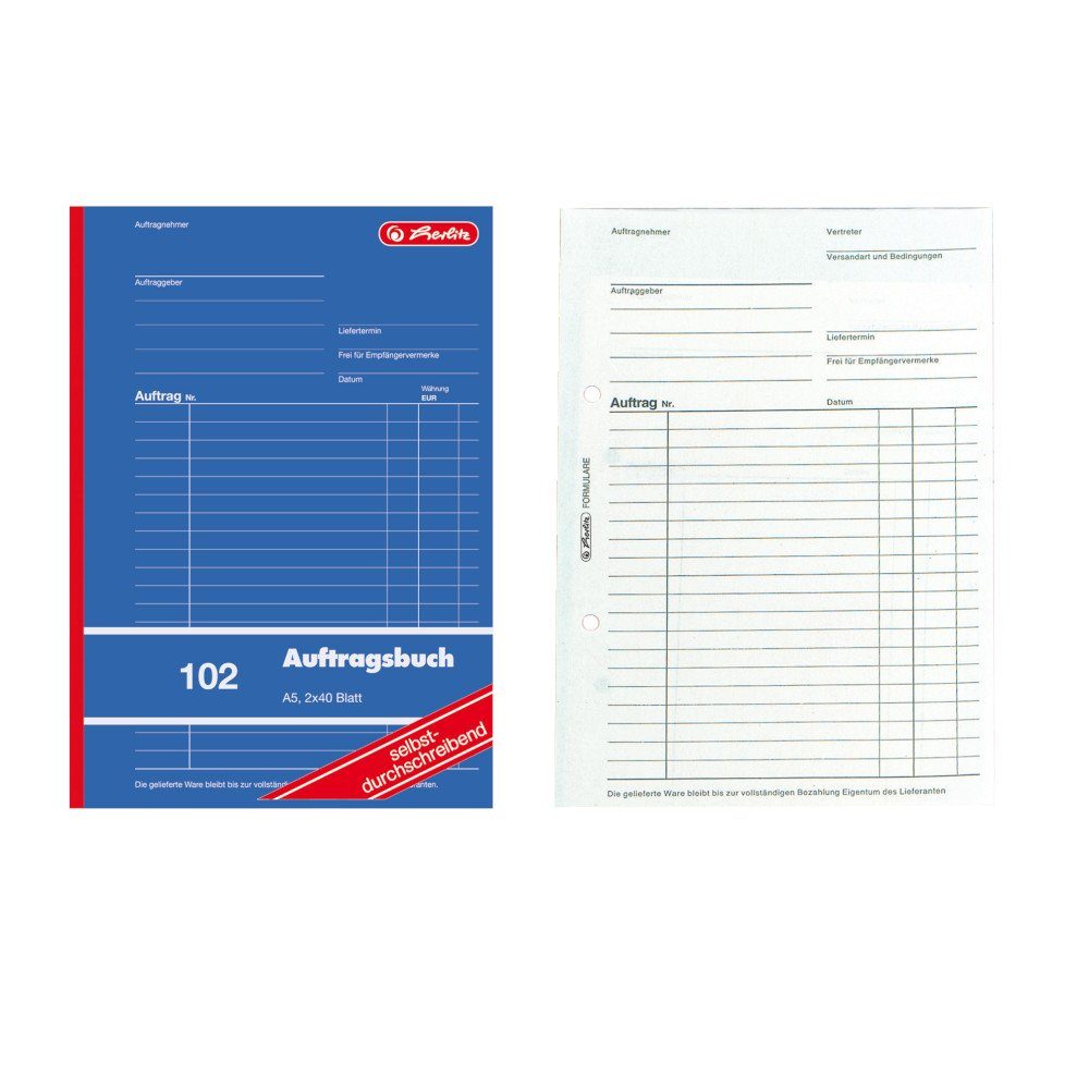 Herlitz Geschäftspapier 5x Herlitz Auftragsbuch 102 / A5 / 2x 40 Blatt / selbstdurchschreibend