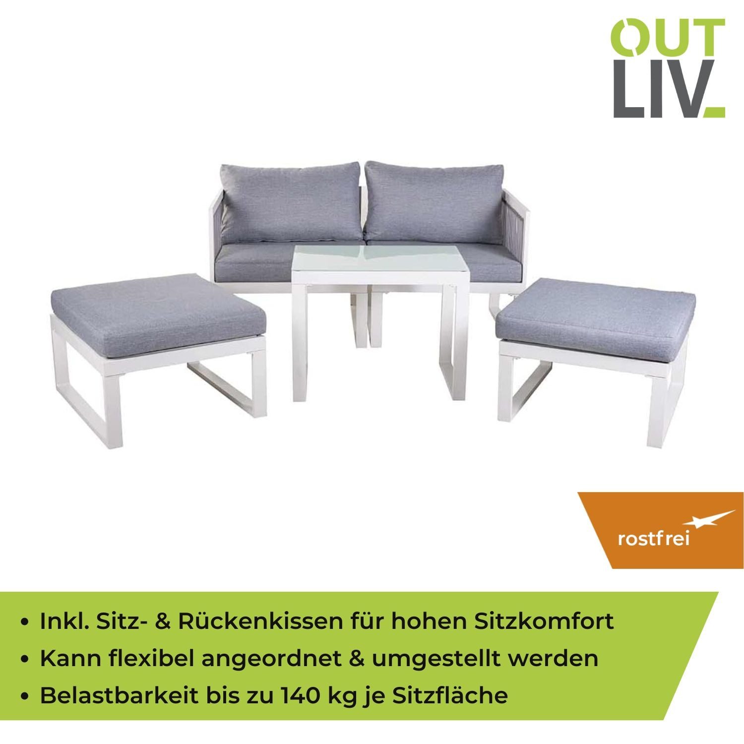 OUTLIV. Loungeset OUTLIV. Oscar Loungeset inkl. Loungetisch Aluminium/Polypropylen, Rostfrei, Witterungsbeständig, Schnelltrocknend, Reißfest