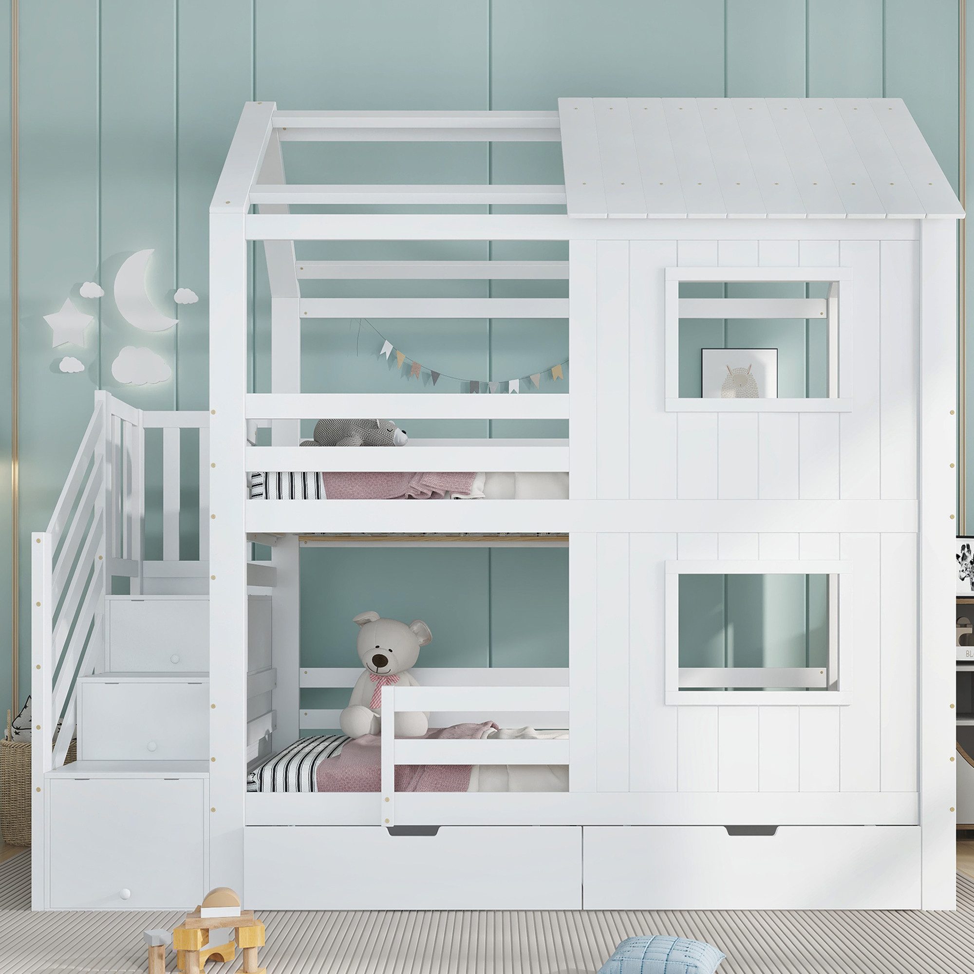 i@home Kinderbett Etagenbett 90x200 cm für 2 Kinder (Etagenbett mit Stauraumtreppe, Hausbett mit Fenster und Dach, Stockbett mit 2 Schubladen, Holzbett mit Lattenrost), Weiß, ohne Matratze