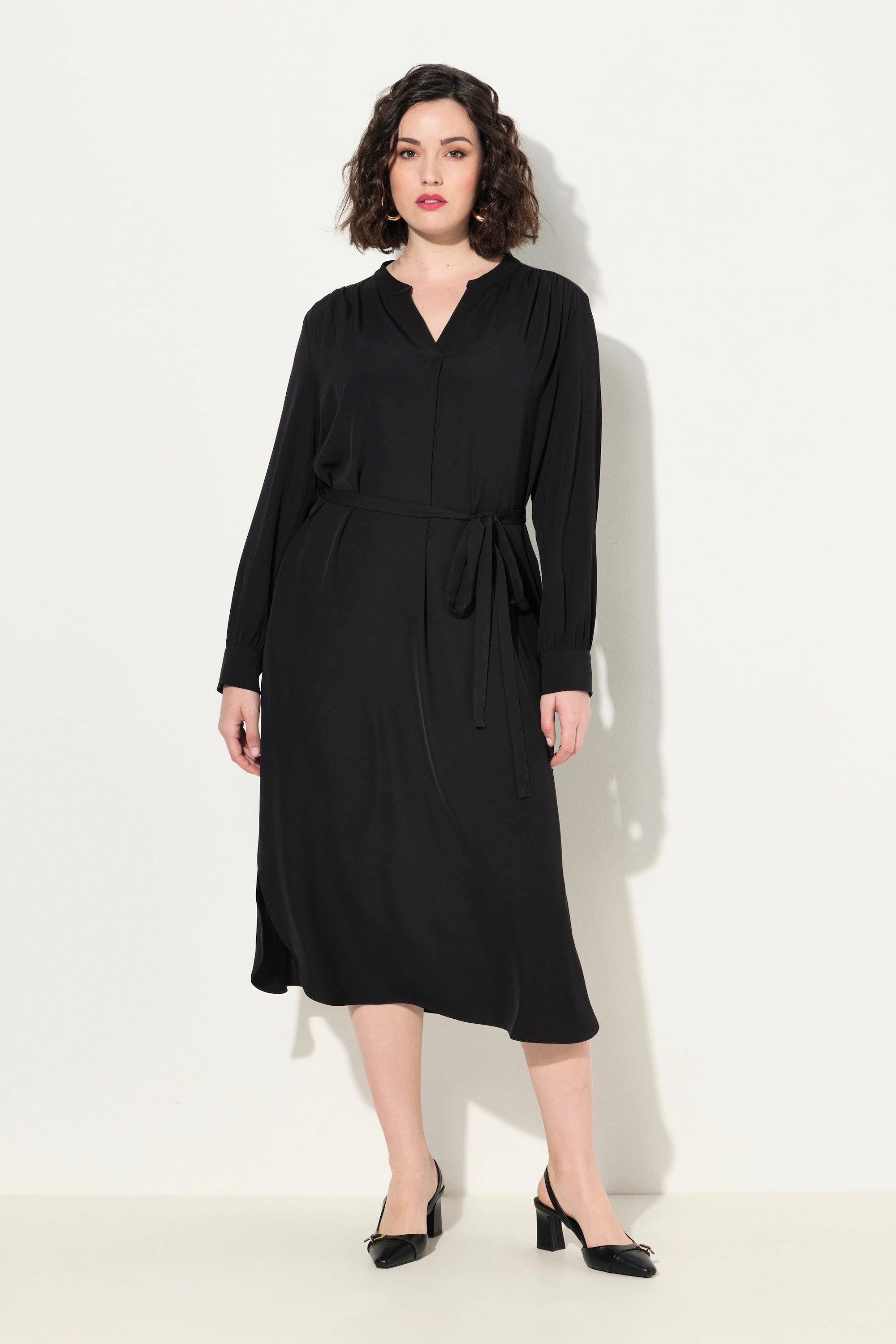 Ulla Popken Midikleid Midikleid V-Ausschnitt Bindegürtel Langarm Taschen günstig online kaufen