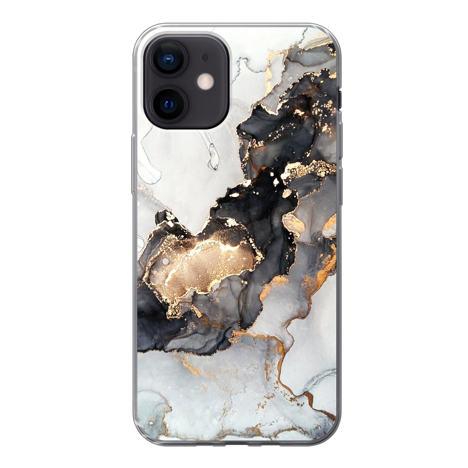 MuchoWow Handyhülle für Apple iPhone 12 Marmor - Schwarz - Weiß - Gold - Luxus - Abstrakt, Smartphone-Bumper, Print, Handy Schutzhülle Dünn