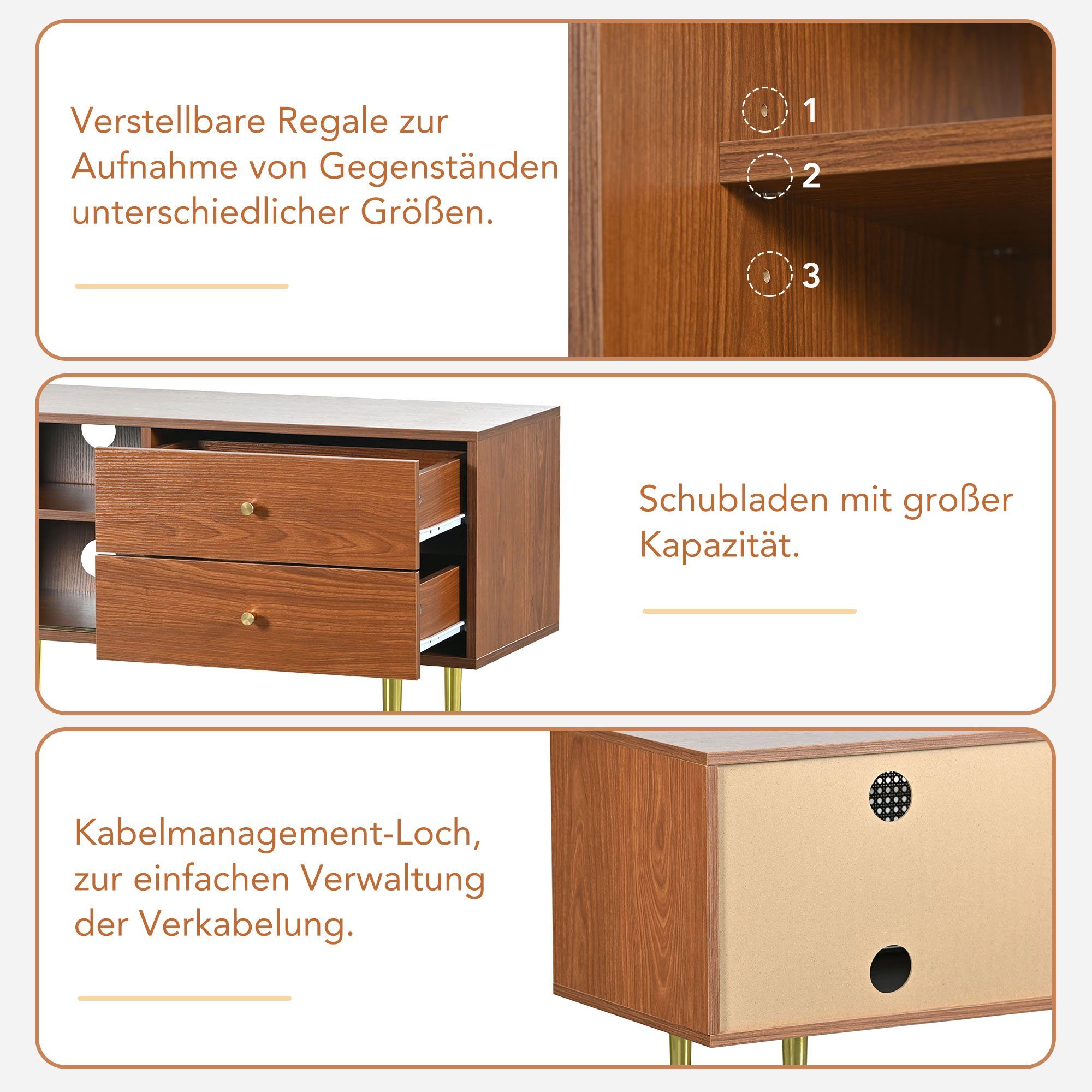 Merax Lowboard im Vintage-Stil mit Rattan Geflecht, TV-Schrank mit 2 Schiebetüren und 2 Schubladen,Breite 160cm