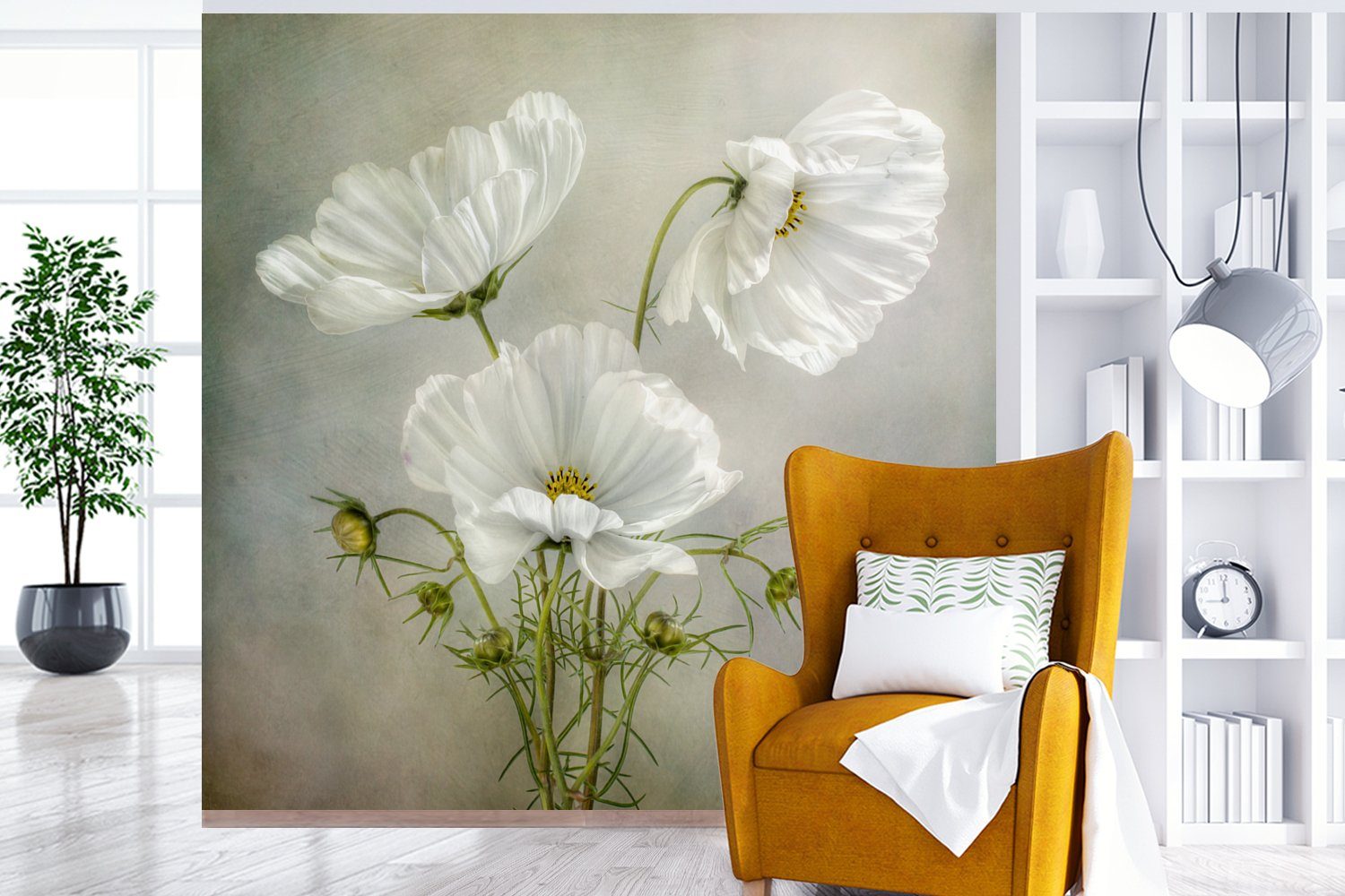 Weiß (4 Wohnzimmer Küche, Blumen Vliestapete Fototapete - Botanisch, bedruckt, Stillleben - Schlafzimmer MuchoWow St), - - für Mohn Matt, Fototapete