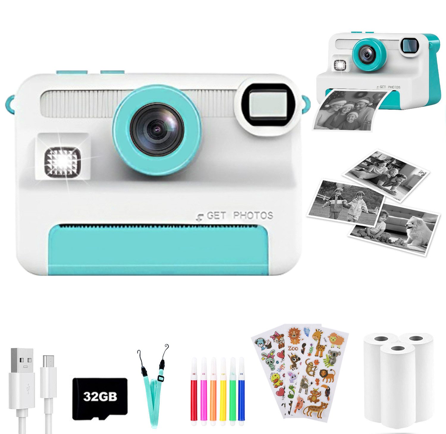 SWGOTA 1080P Kinderkamera Sofortbildkamera, 2,4 Zoll Digitalkamera Kinder Kinderkamera (30 MP, 8x opt. Zoom, 30MP Sofortbildkamera Kinder,3 Druckpapier,32GB Karte,für 3-14 Jahren)