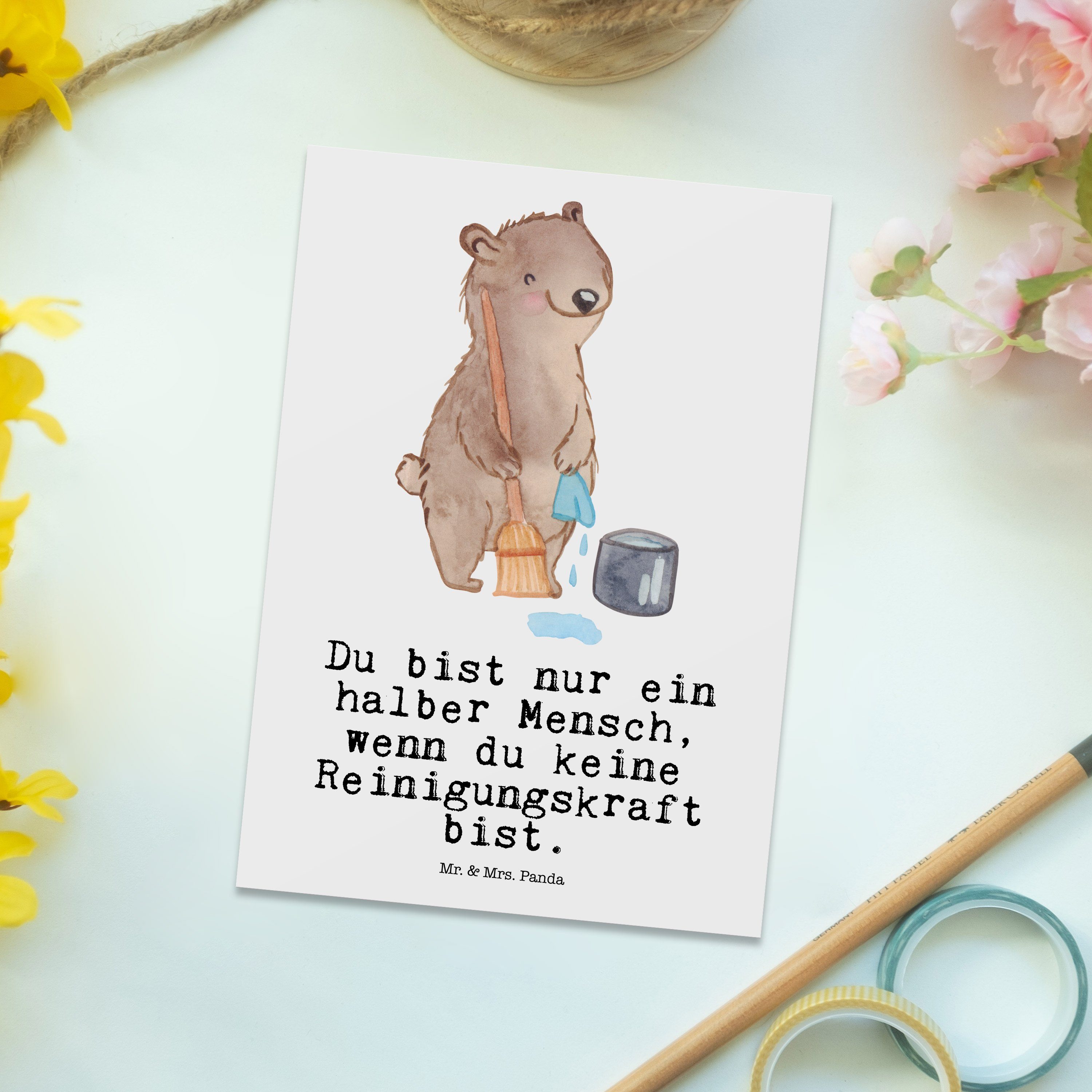 Herz Geschenk, Panda Weiß & mit - Postkarte Geschenkkar Karte, Danke, - Mrs. Reinigungskraft Mr.