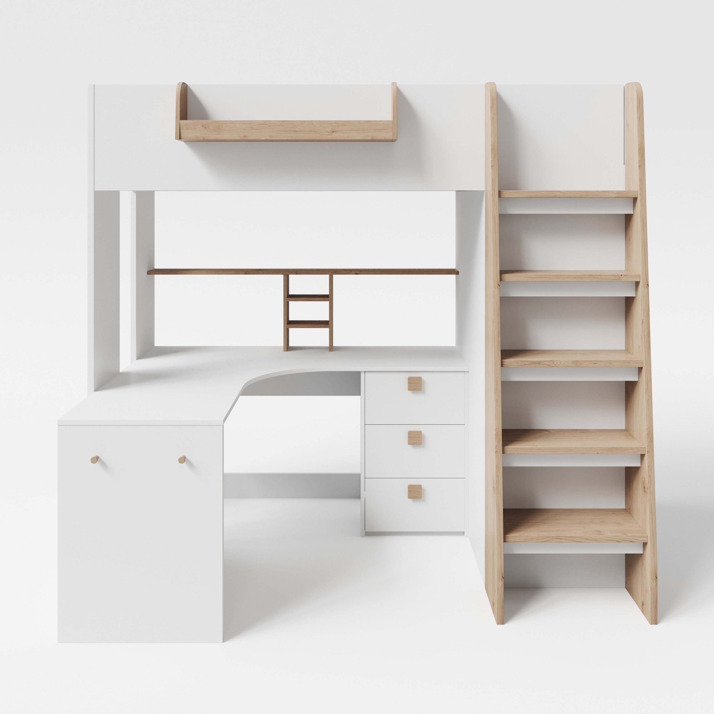 roba® Hochbett Small World 90 x 200 cm - inklusive Lattenrost & Leiter - Kinderbett Jugendbett mit Schreibtisch und Kleiderschrank - Holz - Weiß / Eiche