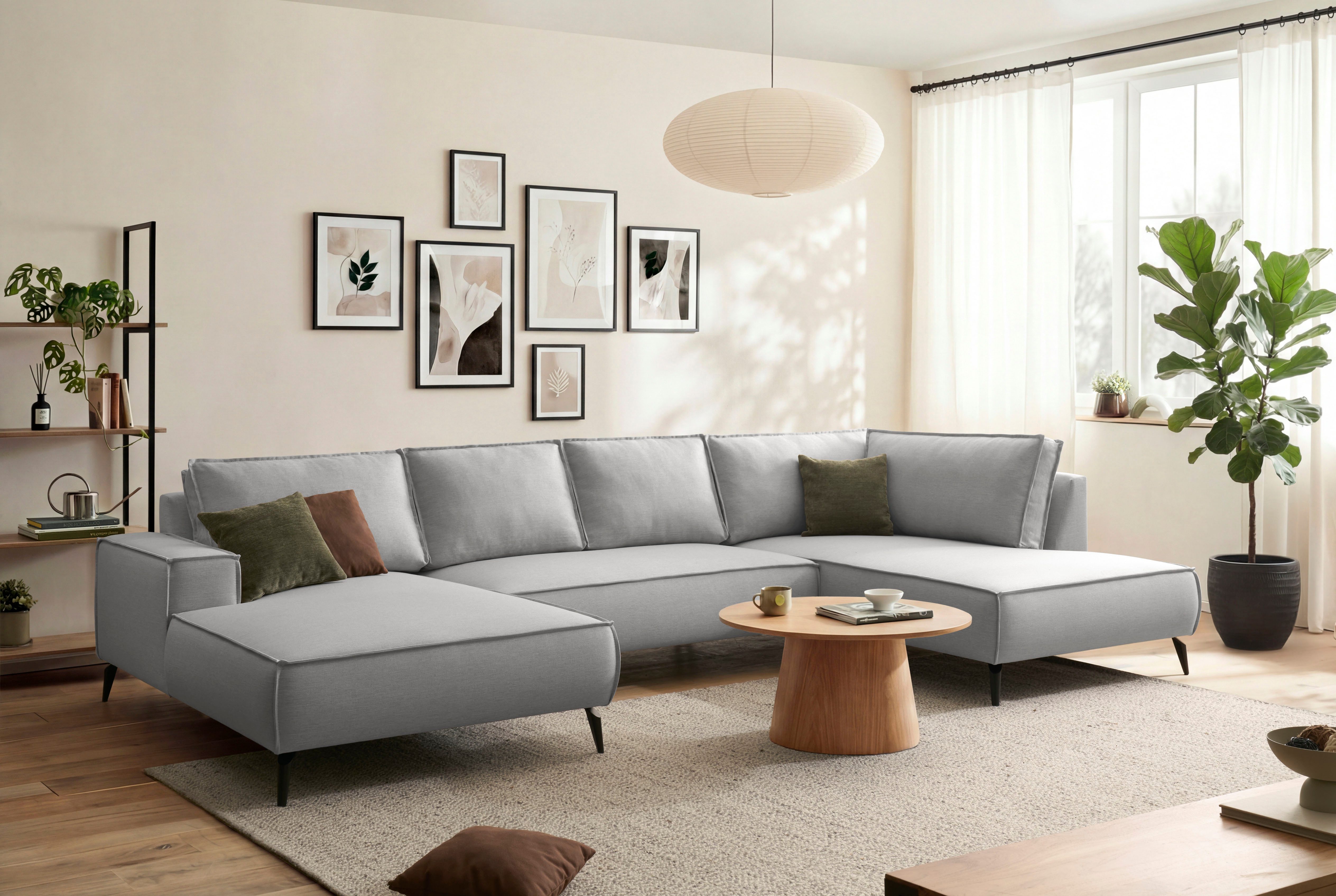 Home affaire Wohnlandschaft Tvinnu, moderne U-Form, Couch in Cord oder Webstoff in Leinenoptik, Recamiere rechts/links, schwarze Metallfüße, bequeme Sitz-/Liegefläche