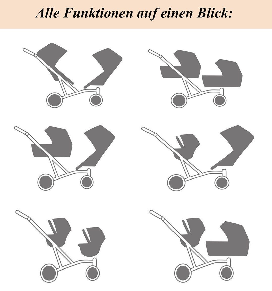 babies-on-wheels Zwillings-Kombikinderwagen Zwillingskinderwagen 3 in 14 1 - Booster 4 in - Teile Farben Grau