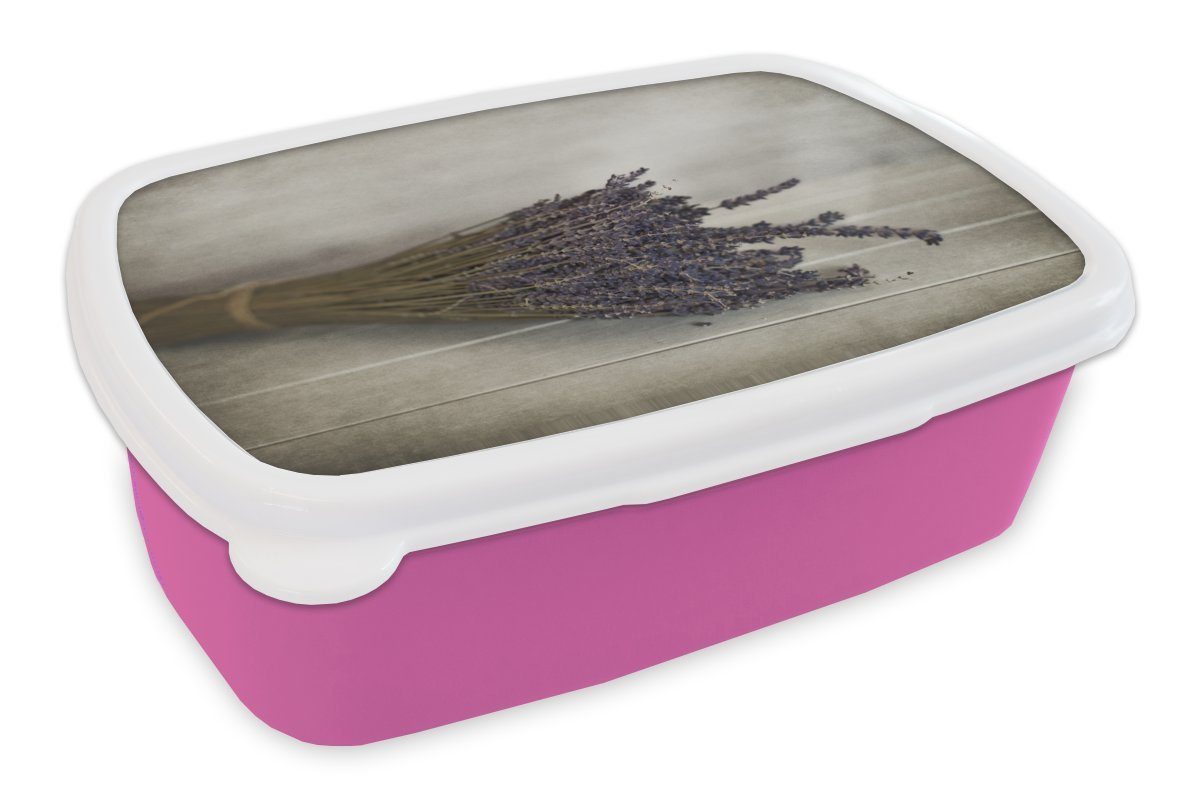 MuchoWow Lunchbox Blumenstrauß aus getrocknetem Lavendel, Kunststoff, (2-tlg), Brotbox für Erwachsene, Brotdose Kinder, Snackbox, Mädchen, Kunststoff rosa