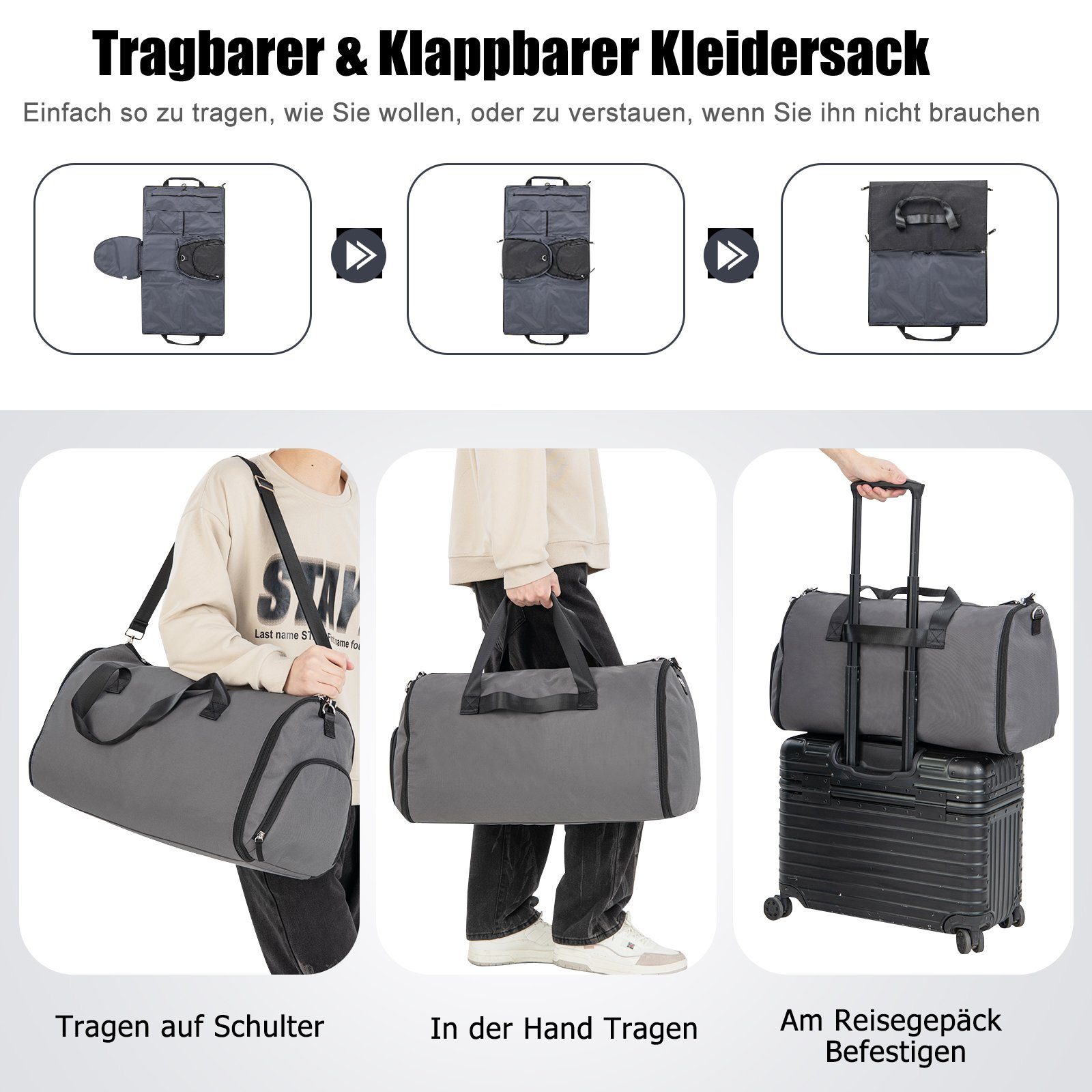 Reisetasche, mit Schuhfach Kleidersack, COSTWAY 2in1 & 50L, Dunkelgrau Schultergurt