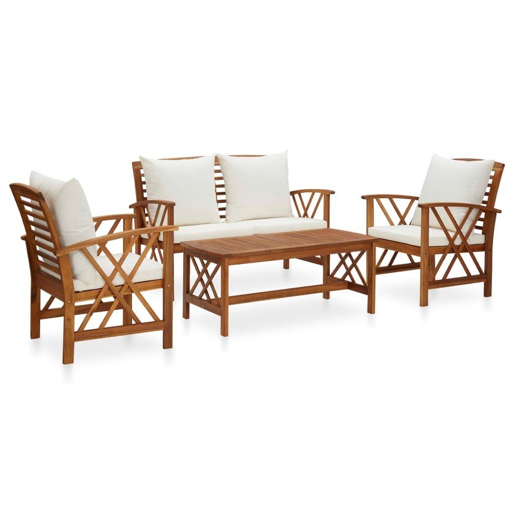 furnicato Gartenlounge-Set Garten-Lounge-Set aus Echtholz mit Cremeweißen Kissen, 102x50x43 cm, (1-tlg), Stabile Sitzgruppe mit Ölfinish und massiver Ablage für die Terrasse