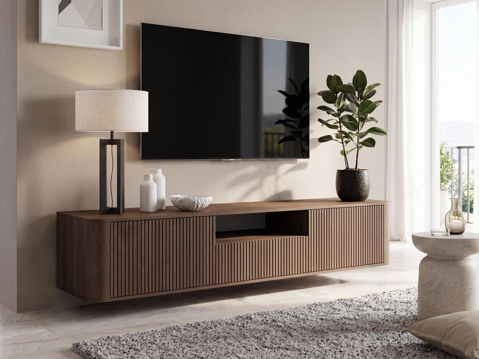 Compleo TV-Schrank japandi, elegantes Lowboard Wohnzimmer, Fernsehtisch 200 cm hängendes TV-Board mit Lamellen