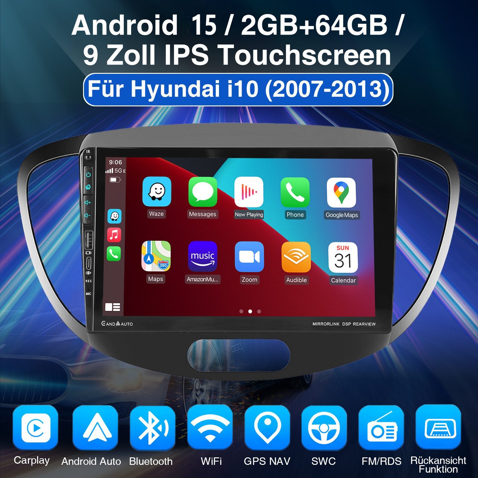 ESSGOO Autoradio Android 15 Für Hyundai i10 2007-2013 Carplay mit USB Type-C Autoradio (RDS, 4+64GB(optional), Digitalradio (DAB), FM, AM, Carplay Android Auto Bluetooth EQ USB GPS Navi WIFI Touchscreen)