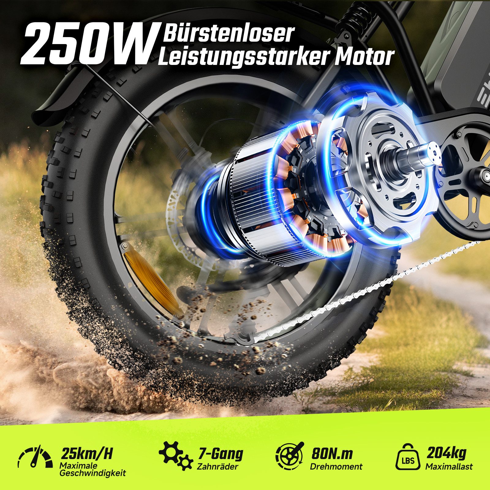 SISIGAD E-Bike Mountainbike 20'' Fat Tire E-Bike 48V 25Ah, Leistung und 130 km Reichweite(PAS), Heckmotor, 1200 Wh, 7-Gang Schaltung, Vollfederung und hoher Tragkraft 204kg, LED und APP