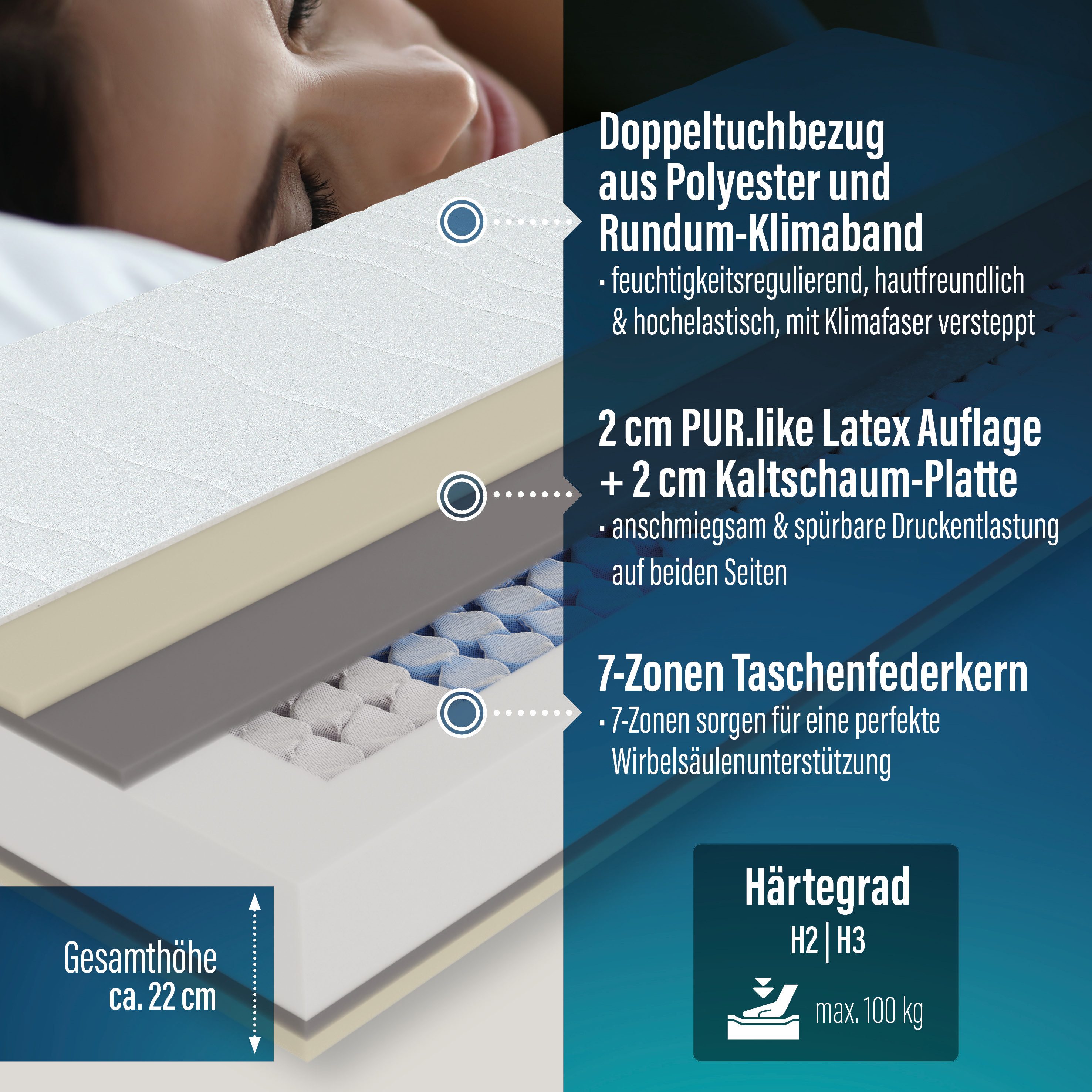 Taschenfederkernmatratze Feel Like Latex TWIN - GOLD, Matratze 90x200 cm, 140x200 cm und mehr, Beco, 22 cm hoch, Premium-Hybridmatratze für besten Schlafkomfort, atmungsaktiv